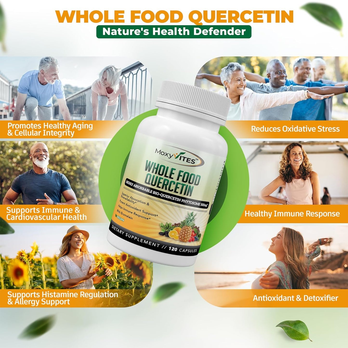 MoxyVites Quercetin with Bromelain 500mg Supplement - Bioactive Phytosome Complex, Pure Organic Whole Food Seasonal Support, Antioxidant, 20X Absorption & Bioavailability-120 Caps