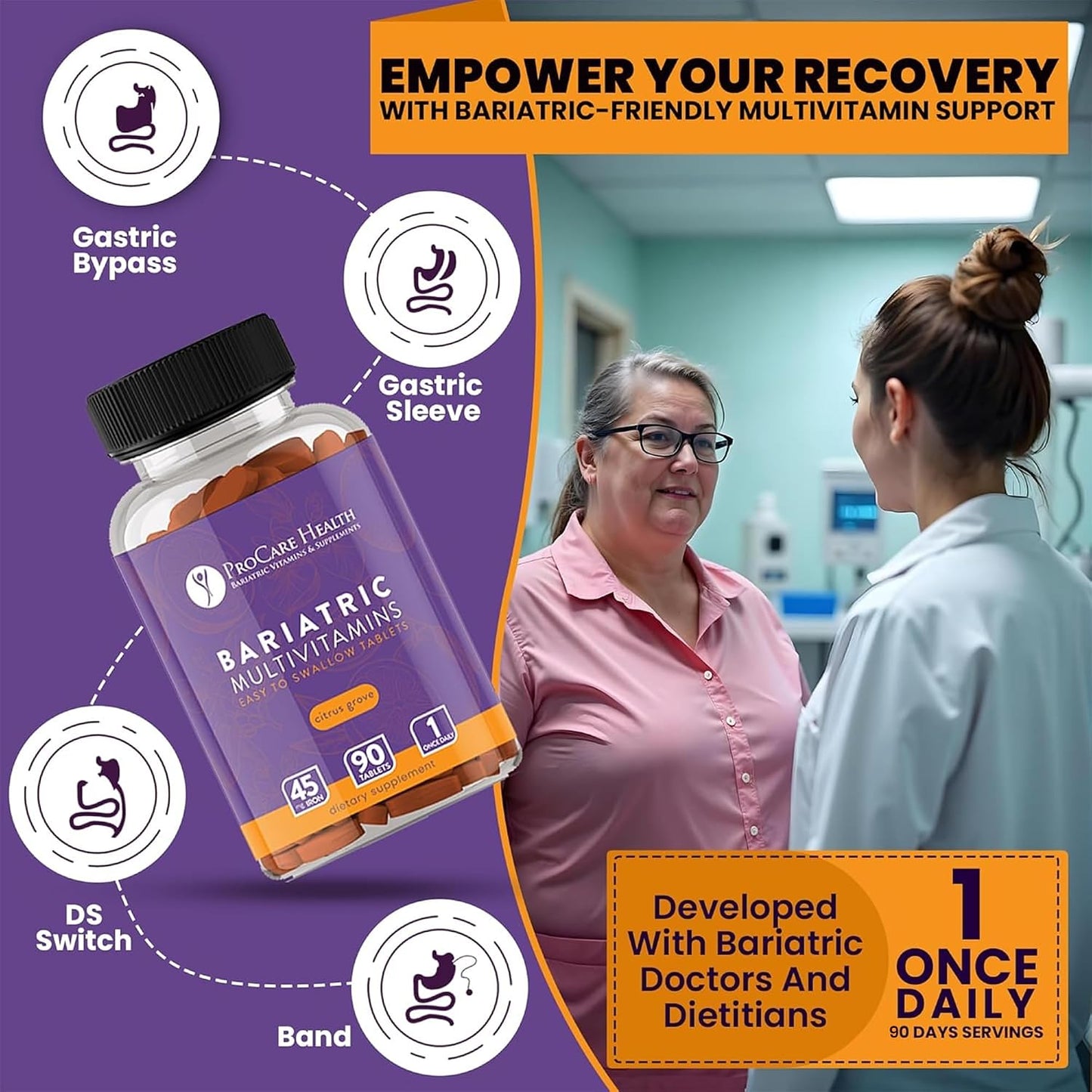 ProCare Health Easy-45 Bariatric Multivitamin | Citrus Grove Tablets | 90ct | Once Daily Tablets for Gastric Bypass Sleeve & Post-Op Support Pills for Sleeve Patients & Sustains Recovery, Easy to Swallow