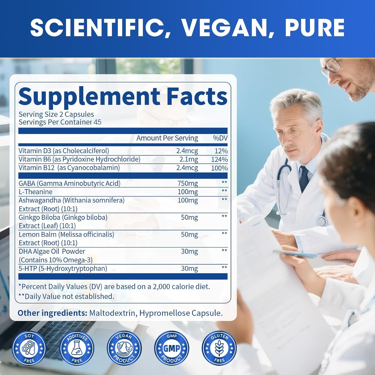 GABA Supplements 750mg with L-Theanine & Ashwagandha for Calm & Sleep 90CT | 10 in 1 Calm Capsules with 5HTP, Lemon Balm, Ginkgo Biloba, Omega-3 for Relaxation, Focus, Mood Support, Cortisol Balance