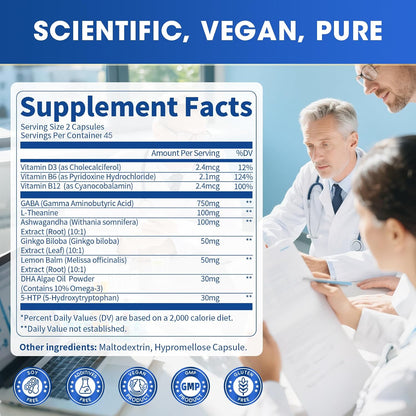 GABA Supplements 750mg with L-Theanine & Ashwagandha for Calm & Sleep 90CT | 10 in 1 Calm Capsules with 5HTP, Lemon Balm, Ginkgo Biloba, Omega-3 for Relaxation, Focus, Mood Support, Cortisol Balance