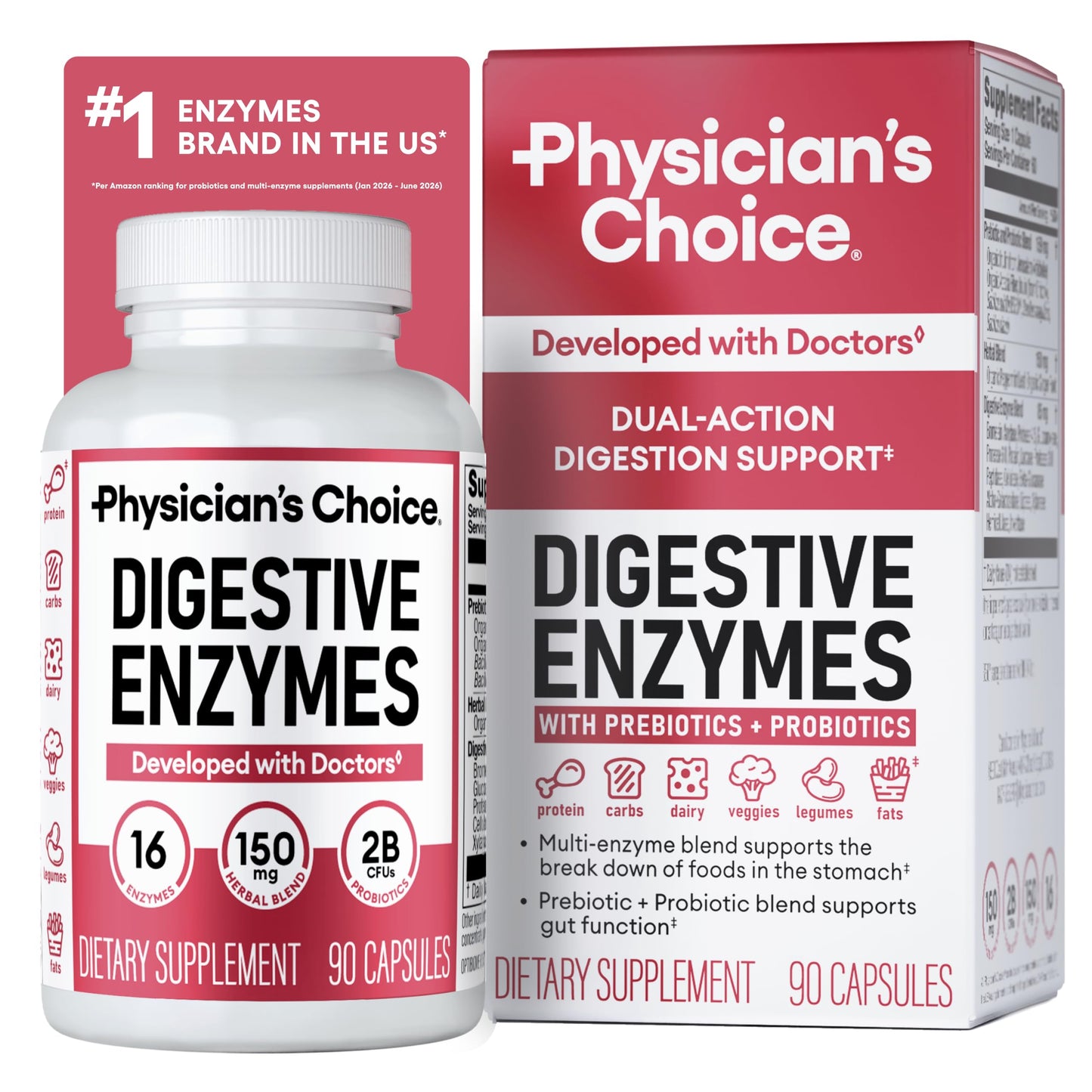 Physician's CHOICE Digestive Enzymes for Bloating & Digestion - Fast-Acting 16 Enzyme Formula with Organic Prebiotics & Probiotics for Gut & Digestive Health - Meal Time Discomfort Relief - 60 CT