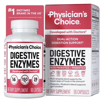 Physician's CHOICE Digestive Enzymes for Bloating & Digestion - Fast-Acting 16 Enzyme Formula with Organic Prebiotics & Probiotics for Gut & Digestive Health - Meal Time Discomfort Relief - 60 CT