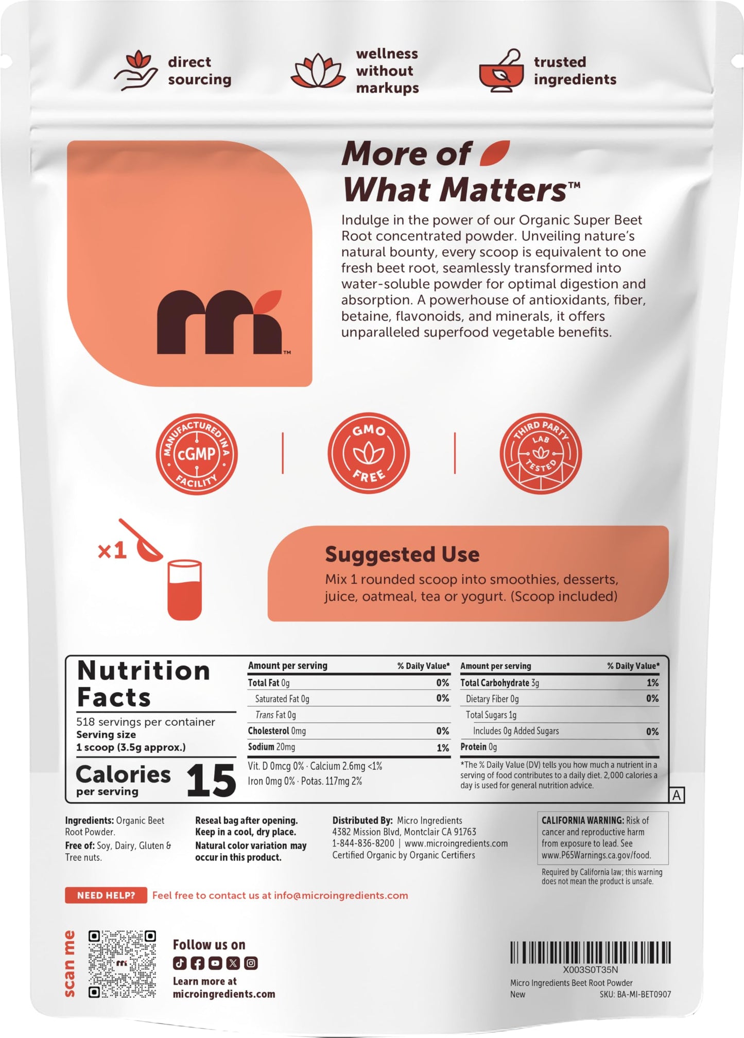 Micro Ingredients Organic Beet Root Powder, 2lb | Water Soluble, Highly Concentrated Raw Beet Supplement | Superfood Drink Mix | Non-GMO, Vegan Friendly, Plant Based