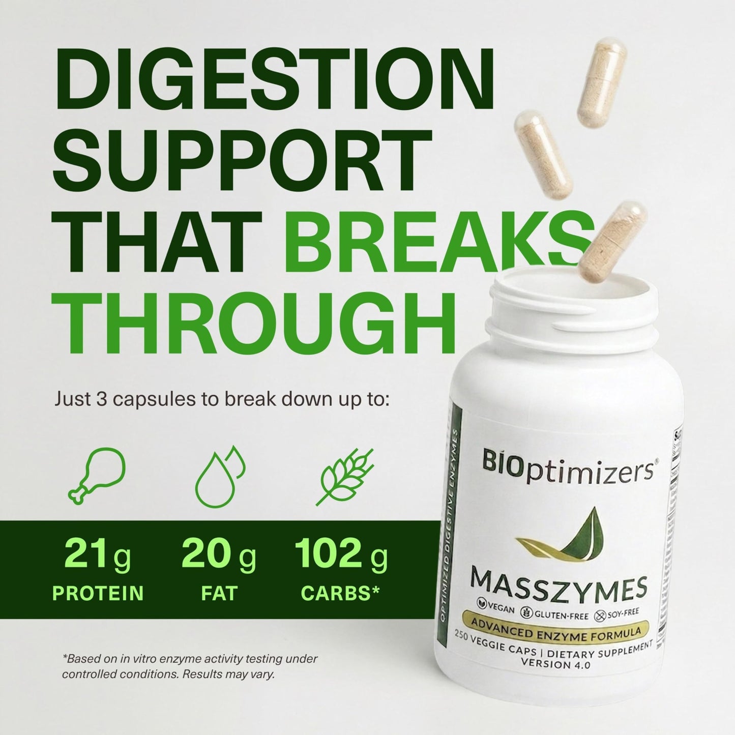 BIOptimizers MassZymes - Complete Digestive Enzymes Supplement for Gut Health - Bloating Relief for Men and Women - Lipase Amylase Bromelain Digestive Enzymes (120 Capsules)