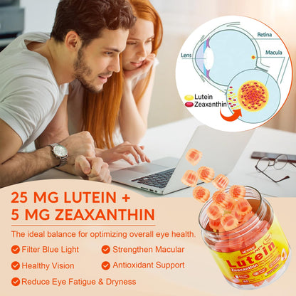 Sugar-Free Lutein Zeaxanthin Supplements Gummies (25mg) Vitamins A, C, E, Bilberry, Astaxanthin - Coconut Oil for Better Absorption - Adults & Teens Vision Health, Eye Strain, Dry Eyes - Vegan, 60Cts