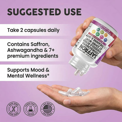 Clean Nutraceuticals Saffron Supplements Extract 100mg + Ashwagandha L-Theanine 200mg - Mood Support Ginkgo Biloba, St. John's Wort, Rhodiola Rosea & 5-HTP Capsules Pills Men Women