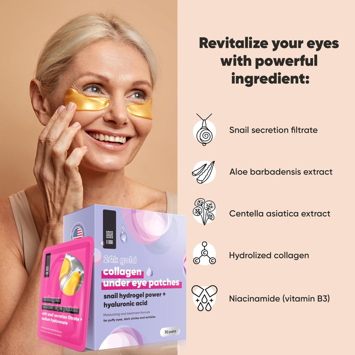 LE GUSHE Under Eye Mask & Under Eye Patches (30 Pairs) - Gold Eye Mask with Collagen
