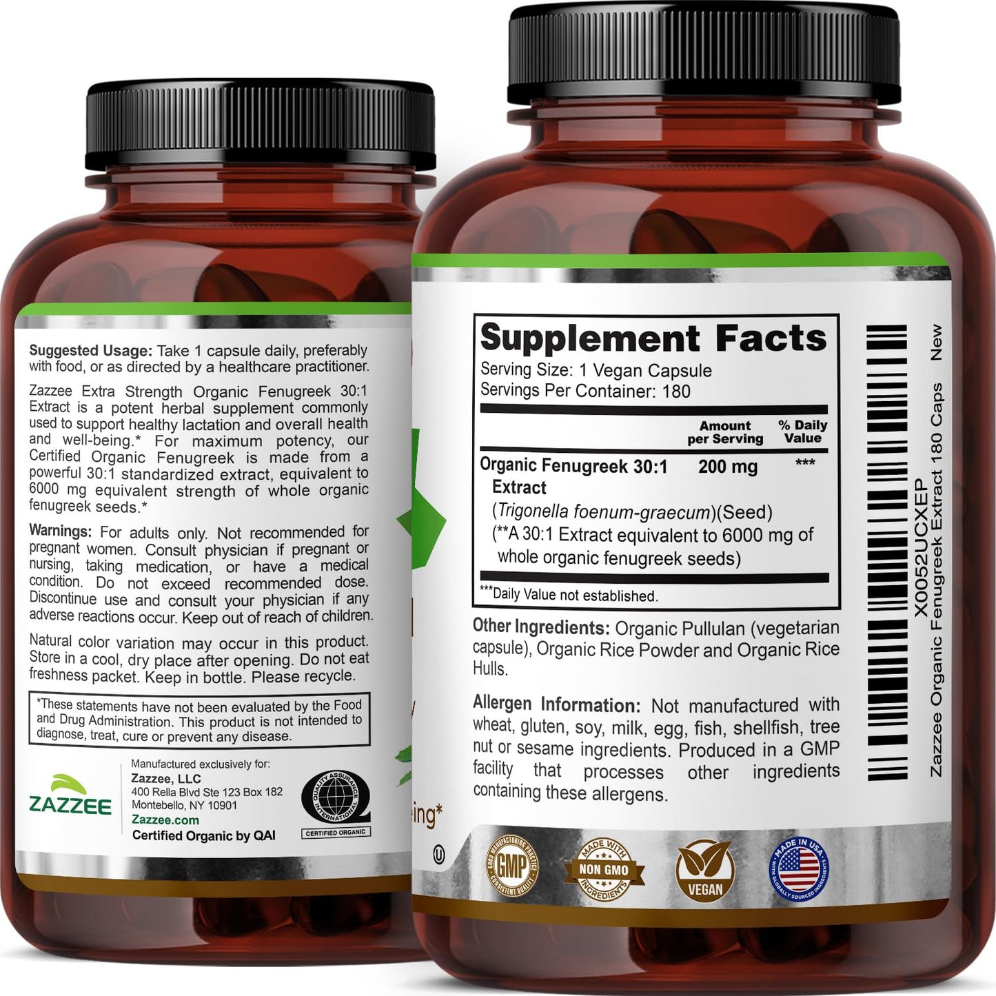 Zazzee USDA Organic Fenugreek 30:1 Extract, 120 Vegan Capsules, 4 Month Supply, Breastfeeding & Lactation Support for Nursing Mothers, Organic Herbal Supplement, All-Natural, Non-GMO, Made in the USA