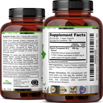 Zazzee USDA Organic Fenugreek 30:1 Extract, 120 Vegan Capsules, 4 Month Supply, Breastfeeding & Lactation Support for Nursing Mothers, Organic Herbal Supplement, All-Natural, Non-GMO, Made in the USA