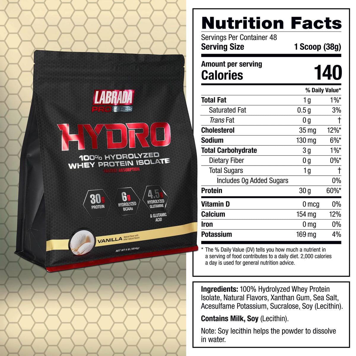Labrada Hydro 100% Pure Hydrolyzed Whey Protein Isolate Powder, Lactose Free