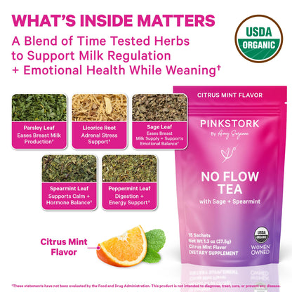 Pink Stork No Flow Organic Sage Tea, Floral Mint Flavor, 15 Sachets | Dry Up Breast Milk Supply, Ease Milk Production, Wean Lactation Naturally, Hot or Iced, Postpartum Essentials