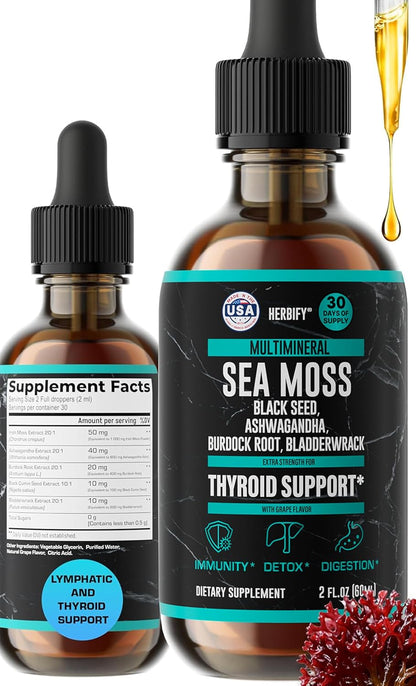 Thyroid Support Supplement with Sea Moss, Bladderwrack, Ashwagandha, Black Seed & Burdock Root - Natural Iodine for Healthy Thyroid Function, Energy & Metabolism - Grape Flavor, 2 Fl Oz, Made in USA