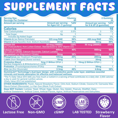 Kids Calcium Gummies + D3 & Magnesium for 4+, with Calcium Citrate Calcium Gluconate, Calcium Lactate, Probiotics & Prebiotics for Children Bone Health,Muscle Support,Digestive Health,Sugar Free 60Cts