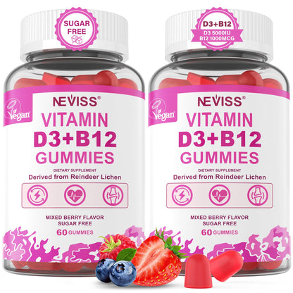 NEVISS 2Pack Vegan Vitamin D3 + Vitamin B12 Gummies, High Potency D3 5000IU & 1000 mcg Methylated B12, Vitamin D3 and B12 for Adults, Support Bone Health, Immune & Energy Supplement, 120 Count
