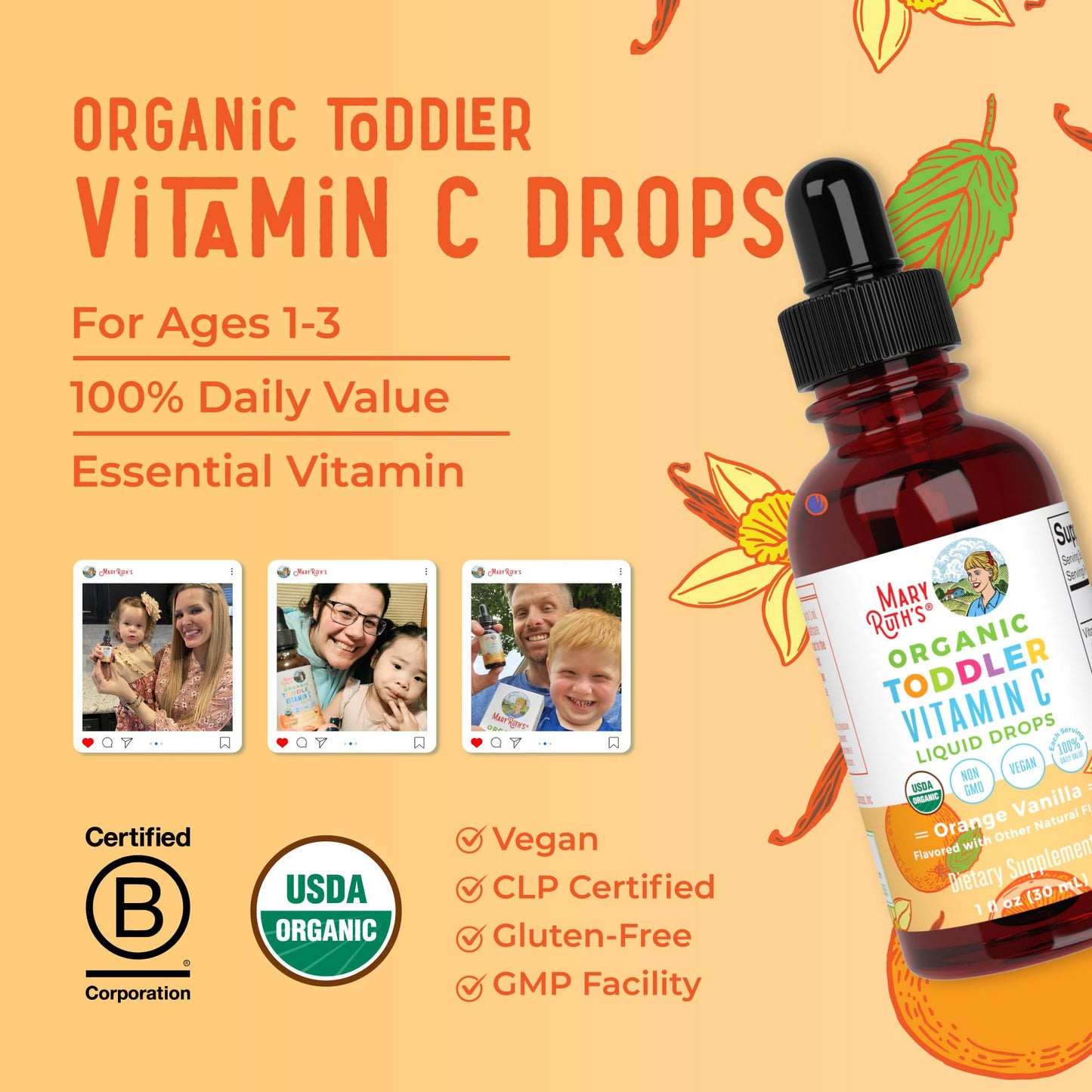 MARYRUTH'S Organic Toddler Vitamin C Drops for Immunity | Ages 1-3 Years | 15 mg Per Serving | Vitamin C for Immune Support & Overall Health | Vegan | Sugar Free | Gluten Free | Non-GMO | 30 Servings