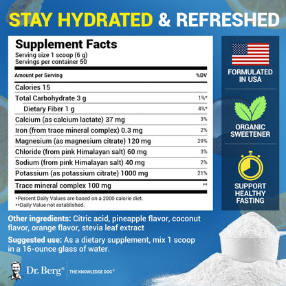 Dr. Berg Zero Sugar Hydration Keto Electrolyte Powder - Enhanced w/ 1000 mg of Potassium & Real Pink Himalayan Salt (NOT Table Salt) - Raspberry & Lemon Flavor Hydration Drink Supplement, 100 Servings