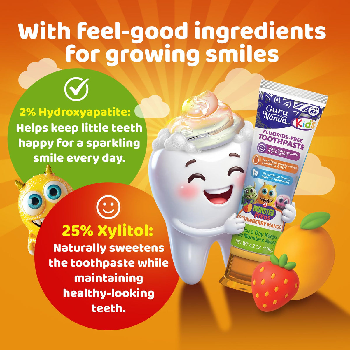 GuruNanda Kids Toothpaste, Strawberry Mango, SLS & Fluoride Free, 4.2 oz