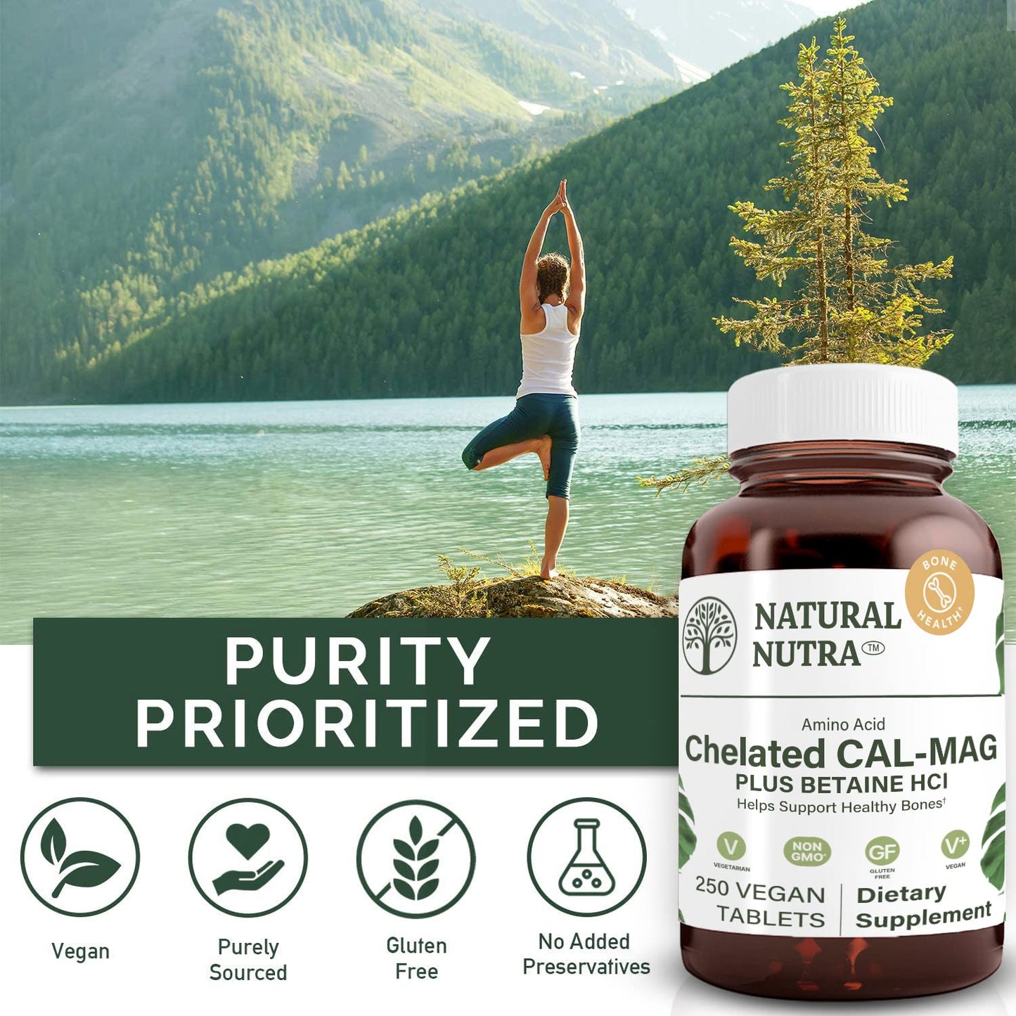Natural Nutra Chelated Calcium Magnesium 1000/500 mg Supplements Plus Betaine HCL - Chelated Cal Mag Improves Bone Density, Supports Muscle, Teeth, Cardiovascular & Nerve Health, 100 Vegan Tablets