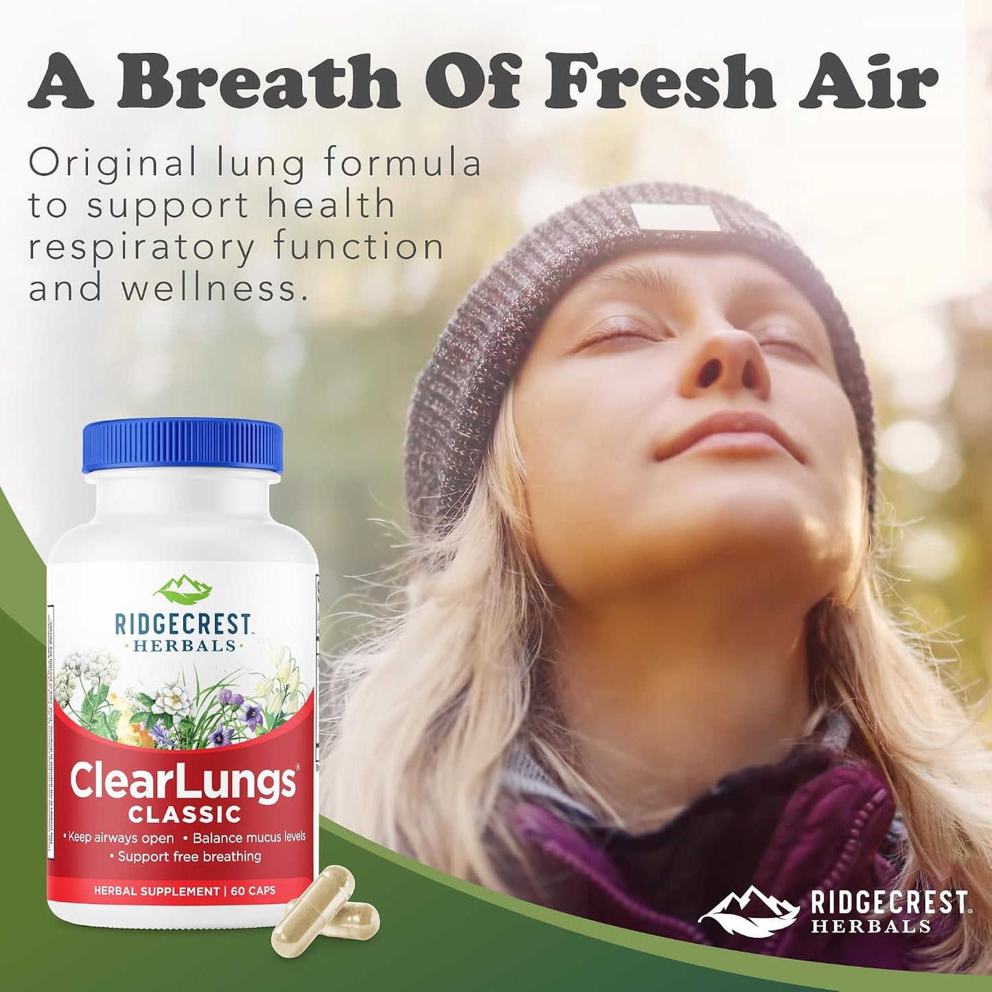 RidgeCrest Herbals ClearLungs Classic Natural Lung Health Support 60 Ct | 30 Servings, 13 Unique Herbs, Nasal Wellness, Respiratory and Bronchial Support, Sinus, Mucus and Immune Health