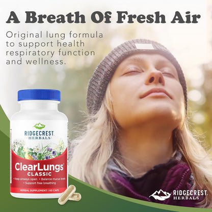 RidgeCrest Herbals ClearLungs Classic Natural Lung Health Support 60 Ct | 30 Servings, 13 Unique Herbs, Nasal Wellness, Respiratory and Bronchial Support, Sinus, Mucus and Immune Health