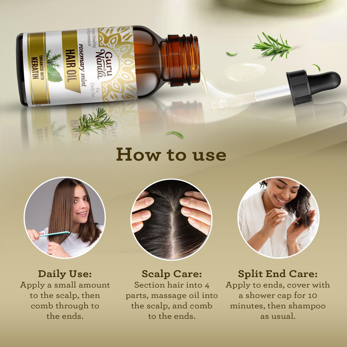 GuruNanda Rosemary Mint for Hair Growth with Keratin & Vitamin E Oil - Encourages Scalp, Shine & Hair Strengthening- 100% Natural, Cruelty-Free, 8oz