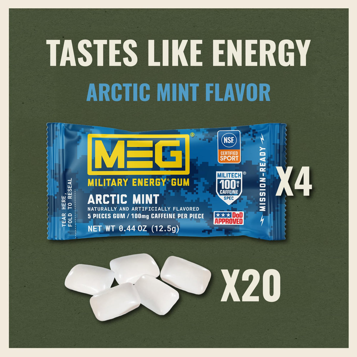 MEG Military Energy Gum, Multi Flavors | Caffeine Gum - Pack of 3, 15 Count