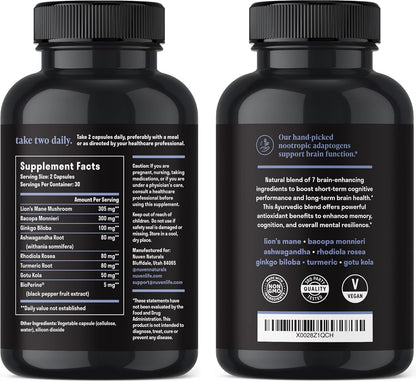 Brain Support Supplement - Natural Memory and Focus Supplement with Lion’s Mane, Ginkgo Biloba, Bacopa Monnieri & Ashwagandha Root - Natural Nootropics & Brain Booster | 60 Capsules