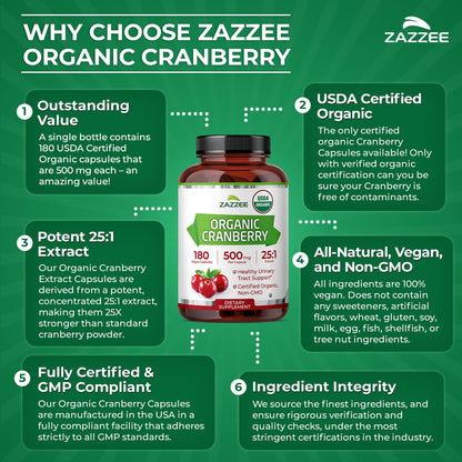 Zazzee USDA Organic Cranberry 25:1 Extract, 500 mg per Capsule, 100 Vegan Capsules, 3+ Month Supply, Certified Kosher, Vaccinium Macrocarpon, Non-GMO, Made in the USA