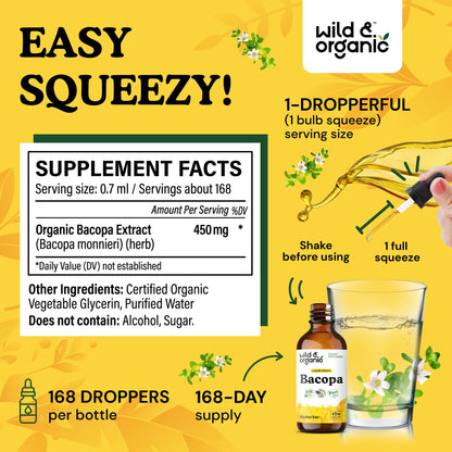 Wild & Organic Bacopa Monnieri Supplement - Brain & Focus Support - Bacopa Extract Liquid Drops - Brahmi Herb Tincture to Add to Tea - 5-Month Supply - Vegan, Sugar & Alcohol-Free - 4 fl oz