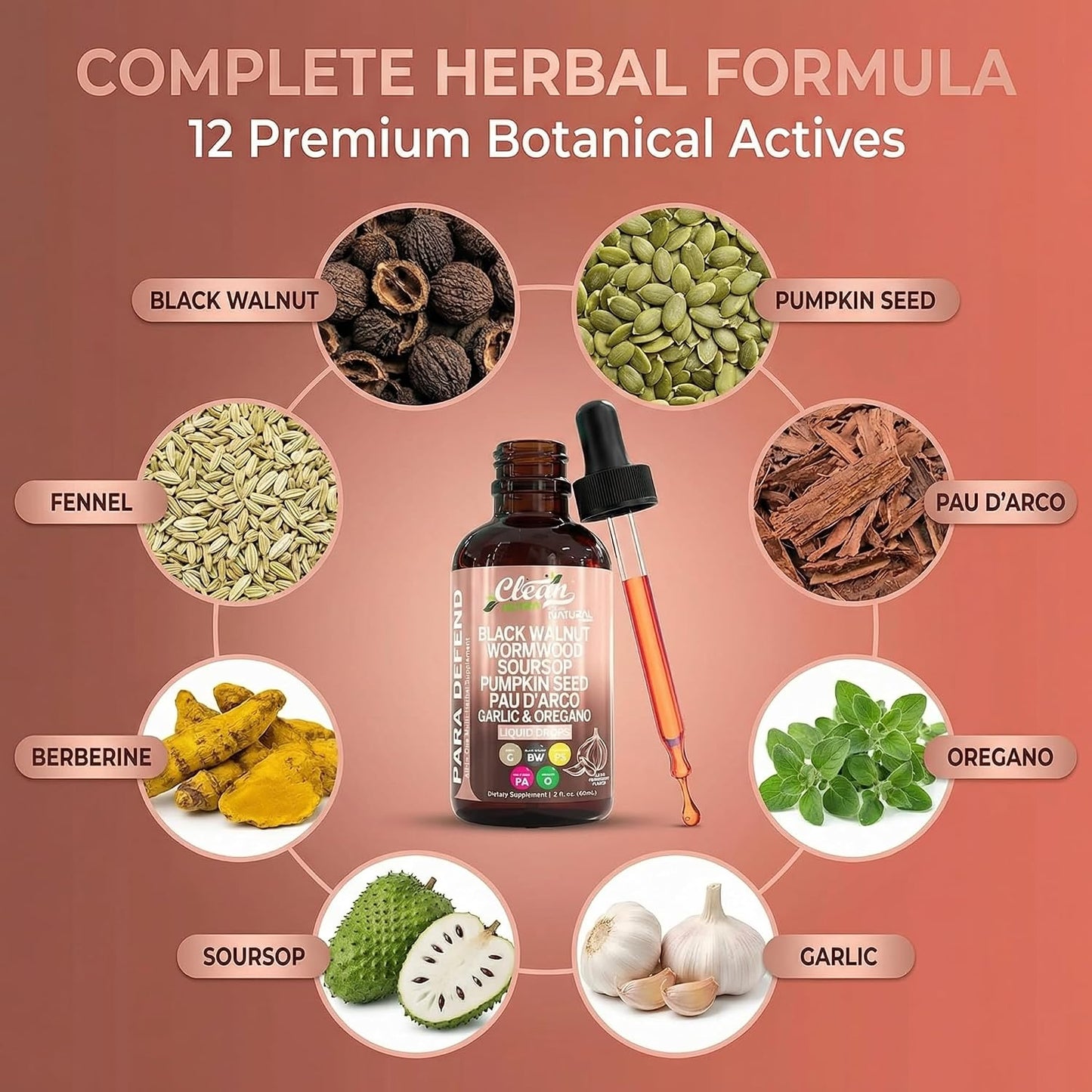 para Defend Wormwood Black Walnut Cleanse for Humans Drops Liquid Soursop Garlic Pumpkin Seed PAU D'Arco Oil of Oregano Turmeric Berberine Neem Extract Hull Bark Tincture by Clean Nutra