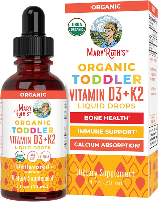 MARYRUTH'S Organics Vitamin D3 | Vitamin K2 | Vitamin D3 K2 Drops | K2 D3 Vitamin Liquid Supplement for Toddlers | Kids Supplement for Calcium Absorption Strong Bones | Vegan | Gluten Free | 1 Fl Oz