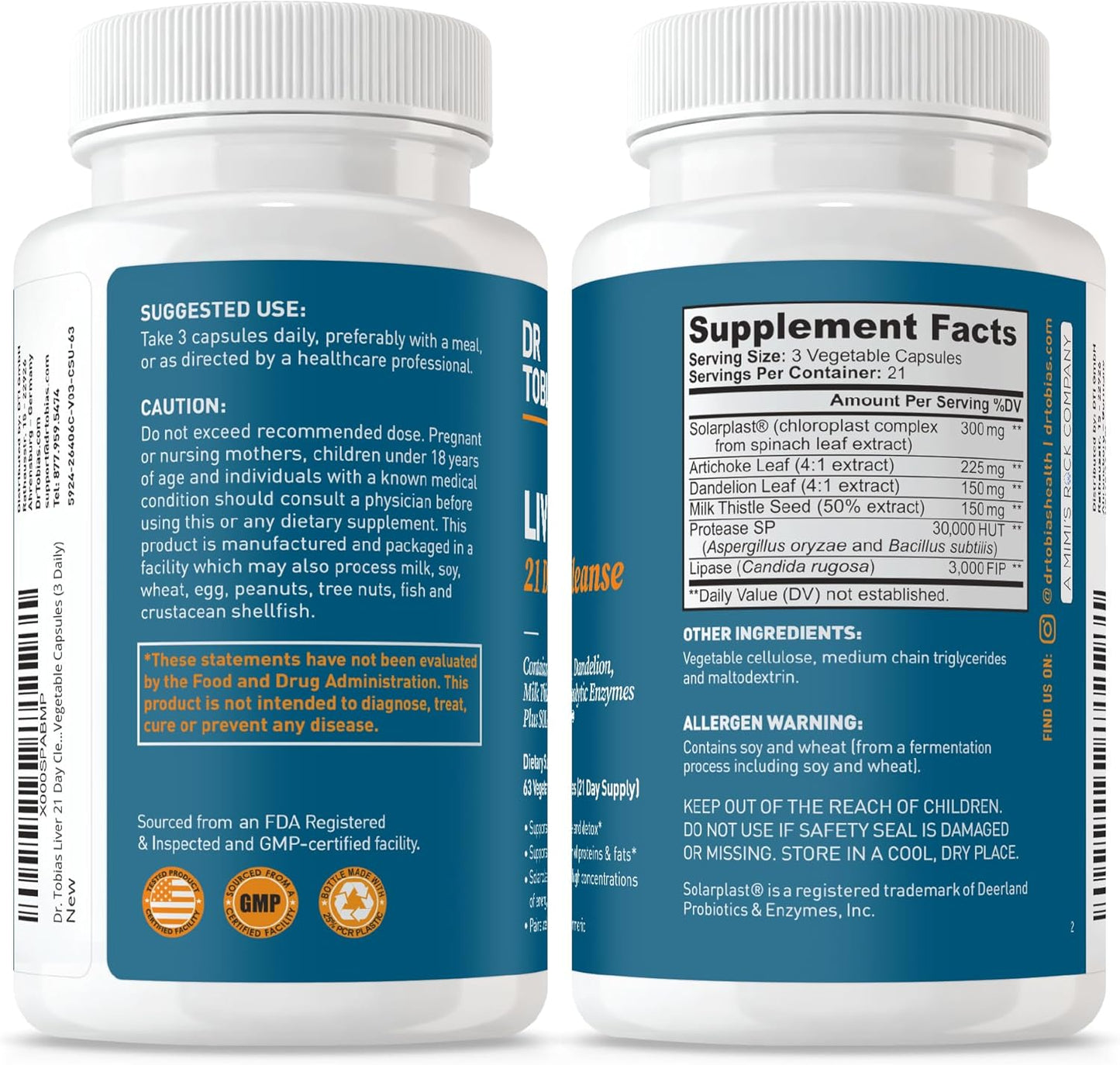 Dr. Tobias Liver 21 Day Cleanse 63 Capsules | Herbal Liver Detox Cleanse | Liver & Digestive Support | Milk Thistle + Dandelion + Artichoke | SOLARPLAST + Enzymes | 21-Day Program