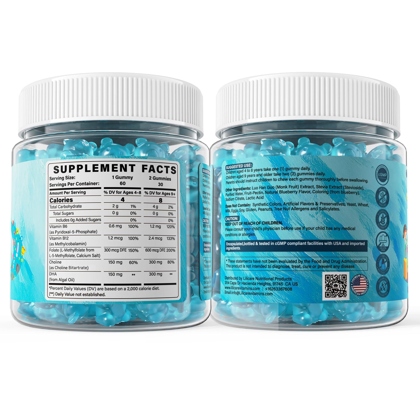 L Methylfolate for Kids Gummies, Active 5-MTHF + Methyl B12, B6, Choline & Vegan DHA, Methylated Vitamins for Kids, MTHFR Supplement Support Mood, Bēhavior, Cognition, Brain, Focus, Sugar Free, 2 Pack