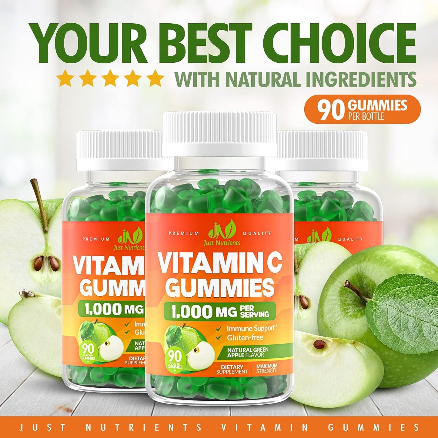 Vitamin C 1000mg Gummies for Adults & Kids, Maximum Strength (90 Count) | Chewable Immune & Collagen Support - Natural Green Apple Flavor - Gluten Free, Vegetarian, Non-GMO