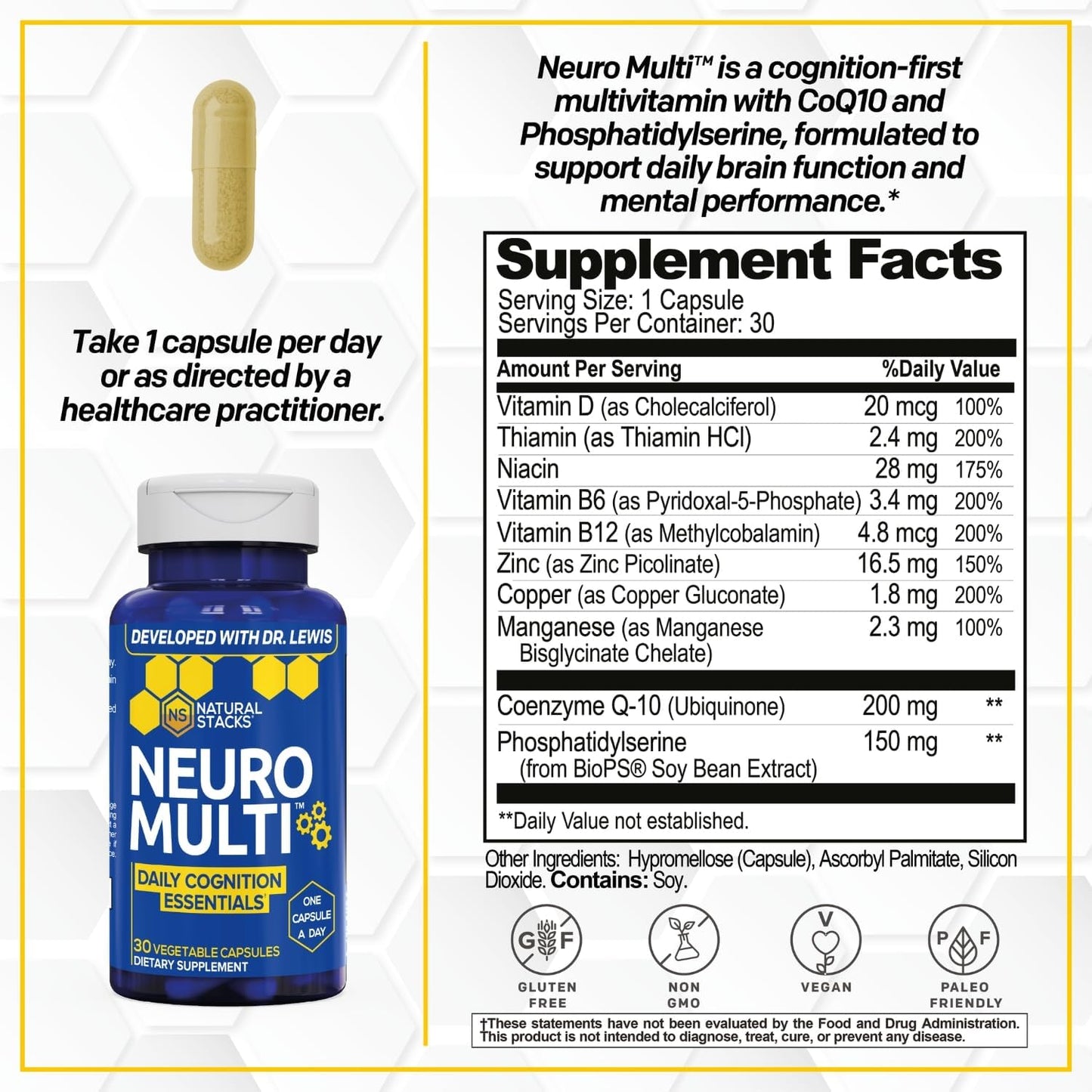 NeuroMulti Daily Multivitamin With CoQ10 200mg For Women And Men, 30 Count | 10 in 1 brain health complex. One capsule per day supports cognition, energy, and everyday wellness.