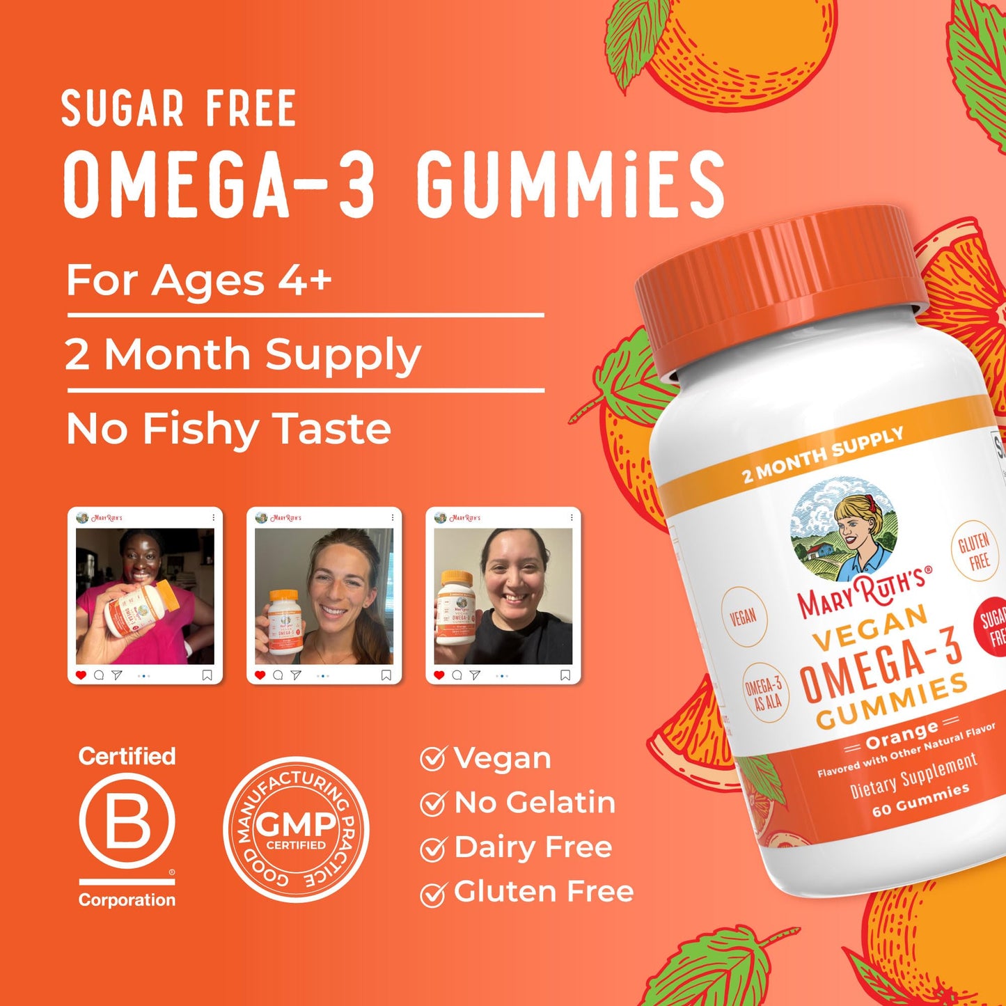 MARYRUTH'S Vegan Omega 3 Gummies for Kids 4 2 Month Supply | Sugar Free | Omega 3 Supplement with Vitamin C | Flaxseed Oil | Immune Support | Essential Nutrient ALA | No Fish Taste | 60 Count