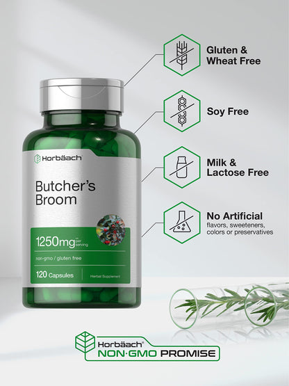 Butchers Broom Capsules 1250mg | 120 Count | Non-GMO, Gluten Free | Traditional Herb