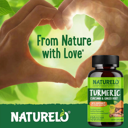 NATURELO Turmeric Curcumin - BioPerine for Better Absorption - Black Pepper, Ginger Root, Curcuminoids - Plant-Based Joint Discomfort Support - 120 Vegan Capsules (Pack of 2)