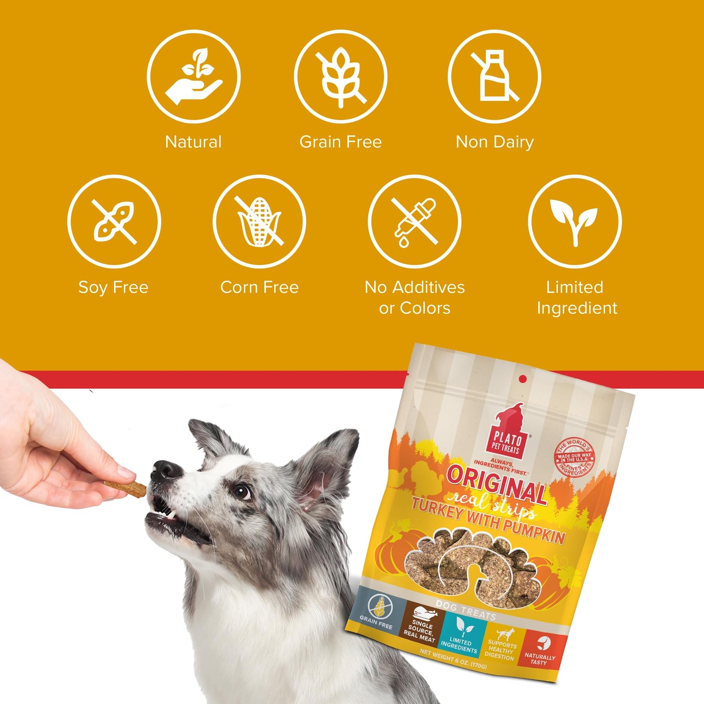 Plato Pet Treats Real Strips - Air-Dried Meat Bars for Dogs - Delicious, Limited Ingredient Dog Treats - Grain Free - Original Real Strips Turkey & Pumpkin 18oz - 2 Pack