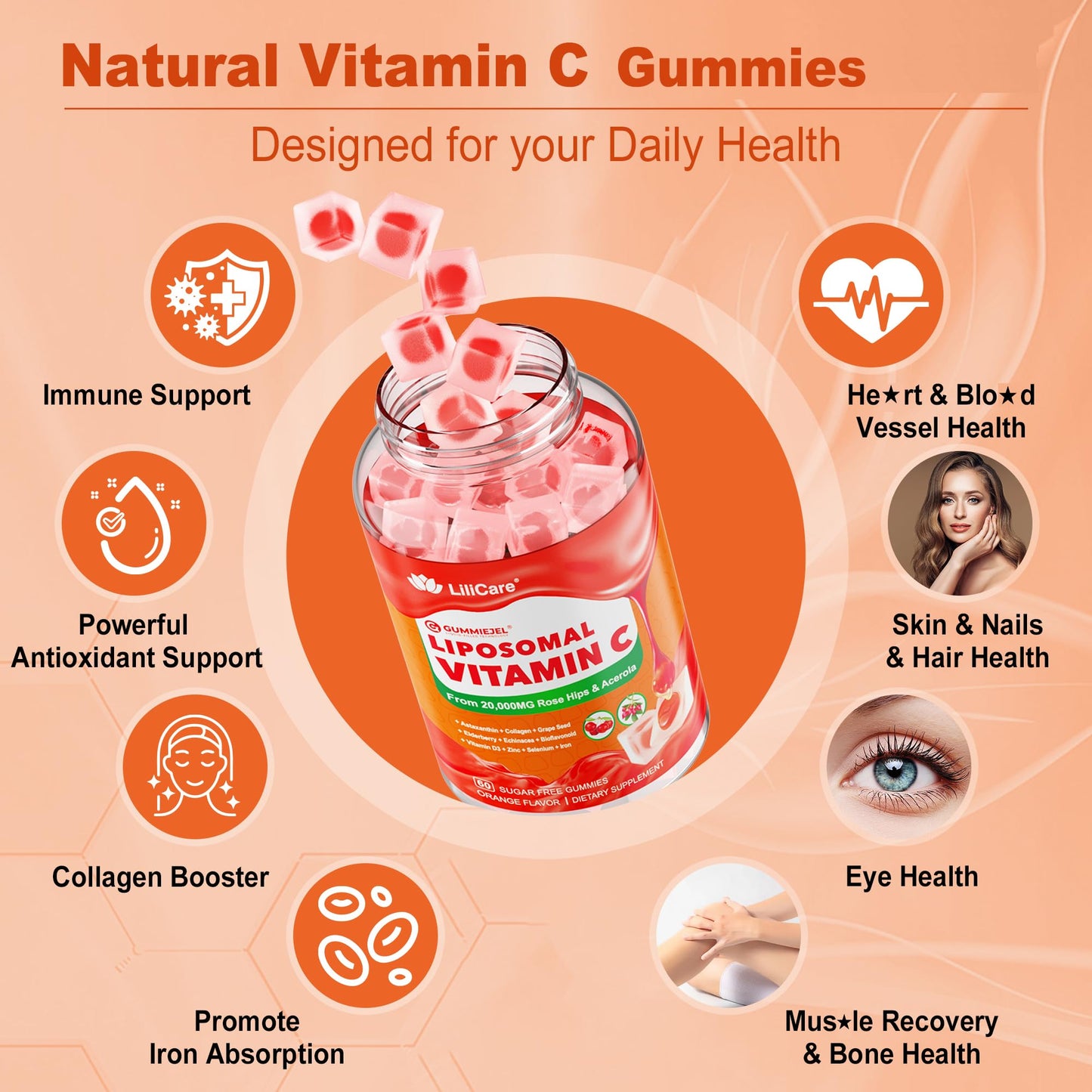 Natural Liposomal Vitamin C 1000mg Gummies for Adults & Kids 9+, Chewable Vitamin C w/ 11mg Zinc, D3, Elderberry, Echinacea, , Bioflavonoid, Immune Support, Whole Food VIT C from Fruits, Sugar Free