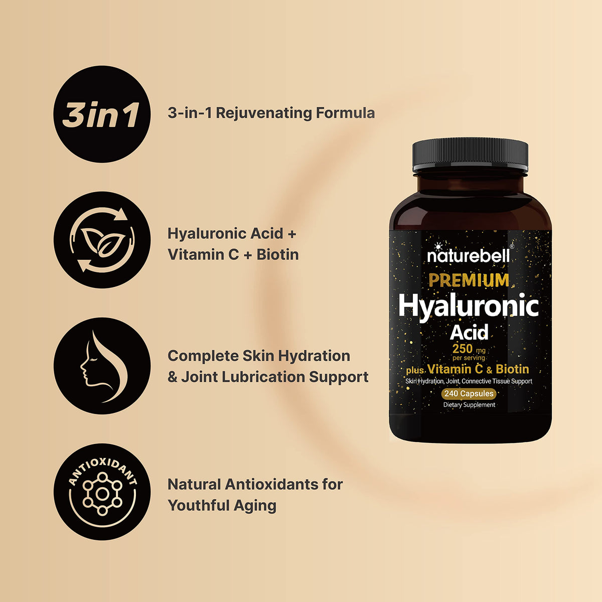 NatureBell 2 Pack Plant Based Hyaluronic Acid Supplements 250mg with 25mg Vitamin C