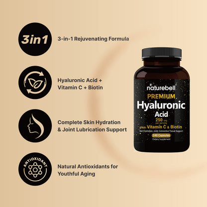 NatureBell 2 Pack Plant Based Hyaluronic Acid Supplements 250mg with 25mg Vitamin C
