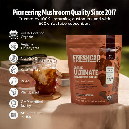 Premium Organic Mushroom Coffee – 12:1 Fruiting Body Extract – 29% Beta-Glucans – Smooth Tasting, 3rd-Party Tested for Clean Energy, No Jitters, Focus, Immune Support (15 Servings)