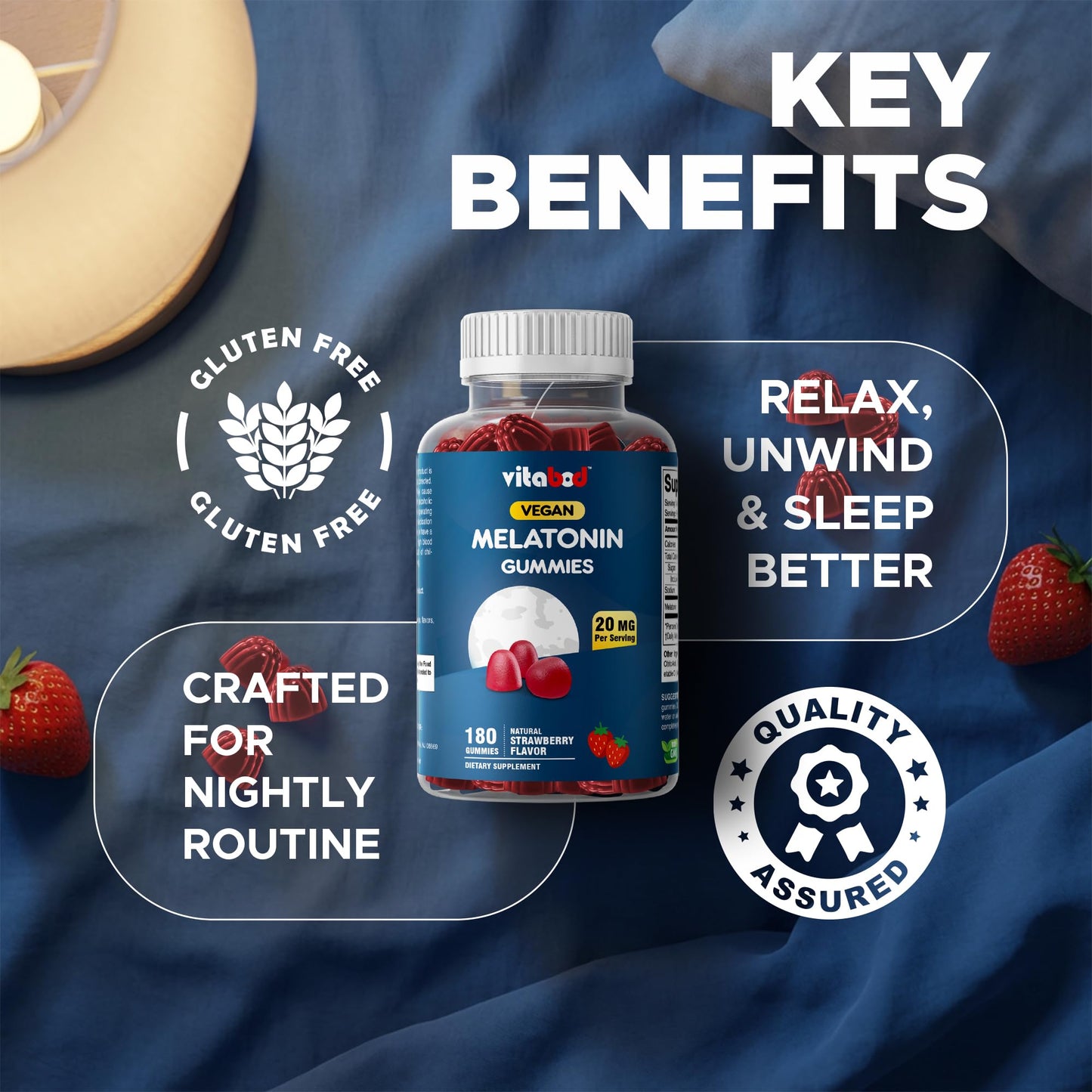 Vitabod Melatonin 20mg Gummies - 180 Count - Drug Free - Natural Strawberry Flavor - Vegetarian, Non-GMO, Gluten Free (1 Bottles)