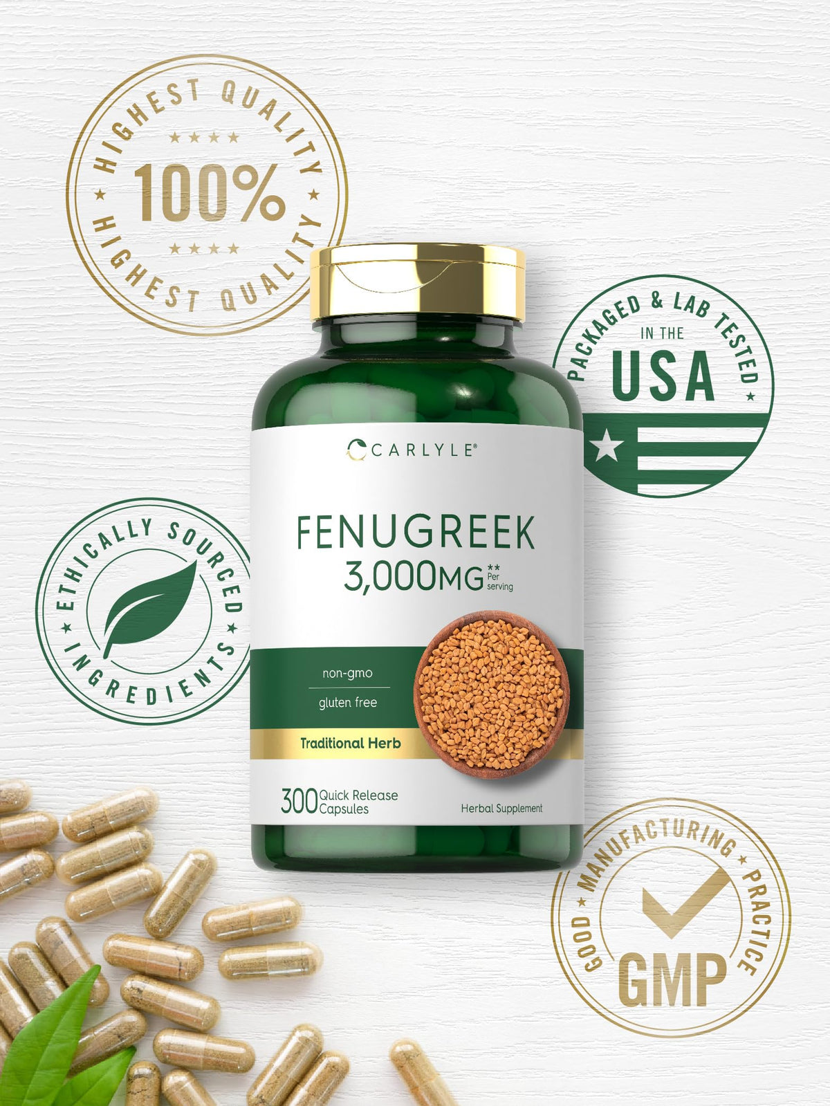 Carlyle Fenugreek Capsules | 300 Count | Non-GMO & Gluten Free Extract | Fenugreek