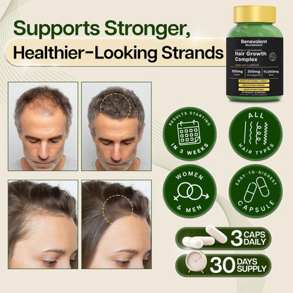 Benevolent Lustriva Hair Growth Supplement – Advanced Hair Vitamins with Keratin & Biotin for Thicker-Looking, Stronger Strands, Support for Stress-Related Thinning in Women & Men, USA-Made, 90 ct