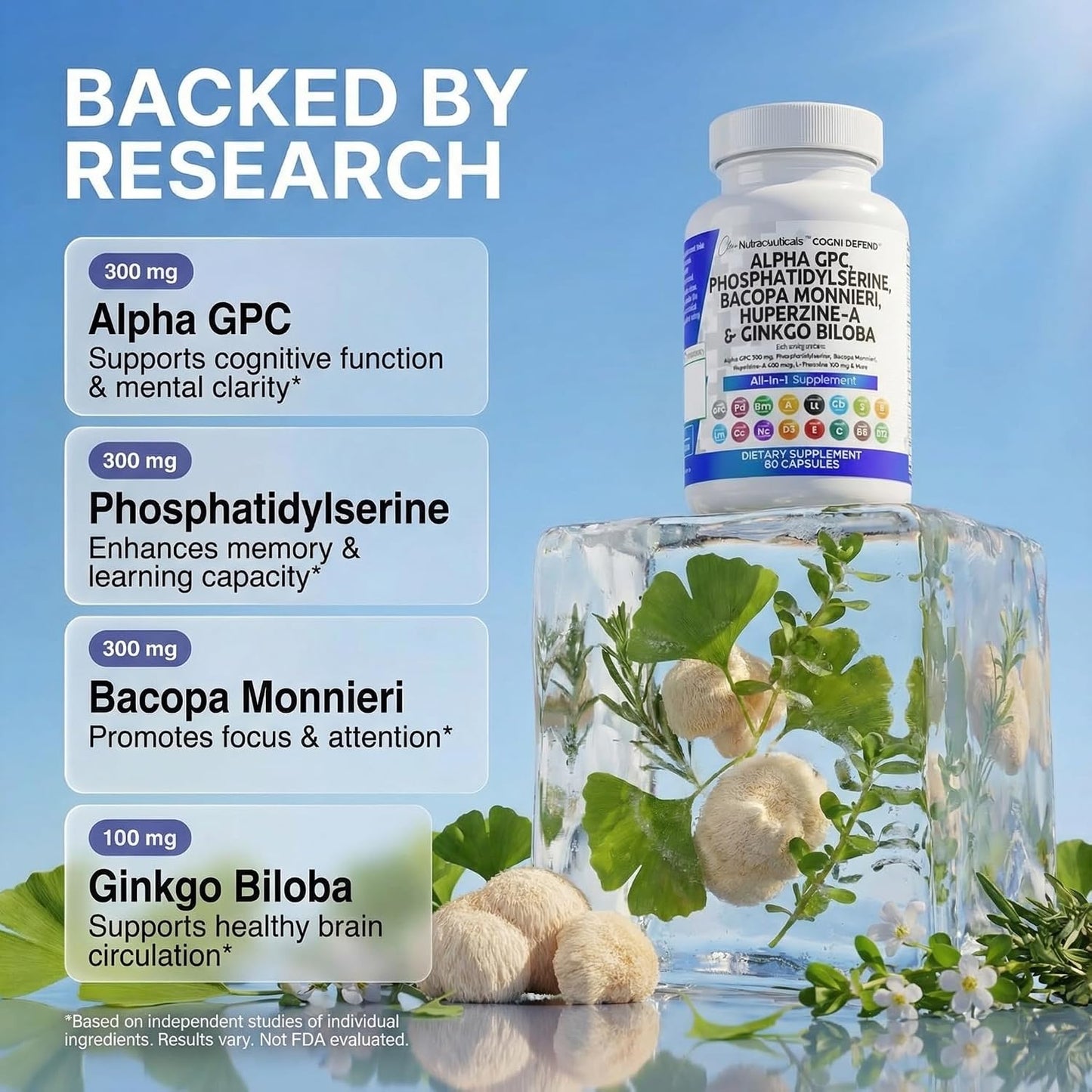 Brain Supplement Alpha GPC 300mg Phosphatidylserine Bacopa Monnieri Ginkgo Biloba Lions Mane Huperzine A L-Theanine NAC Nootropic Memory Focus Cognitive Support Vitamins B C D E 60 Capsules USA