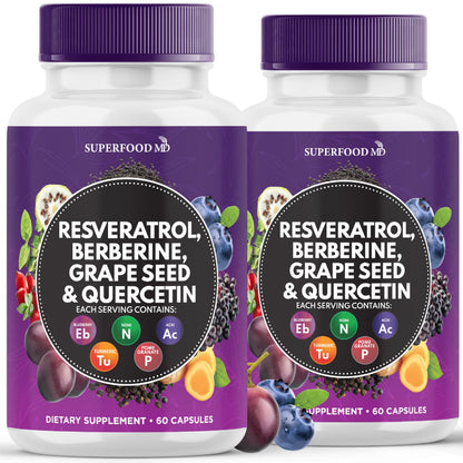 Resveratrol Berberine Grape Seed Extract Quercetin - Polyphenol Supplement with Noni Extract, N-Acetyl Cysteine, Acai Extract - Made in The USA - 120 Capsules