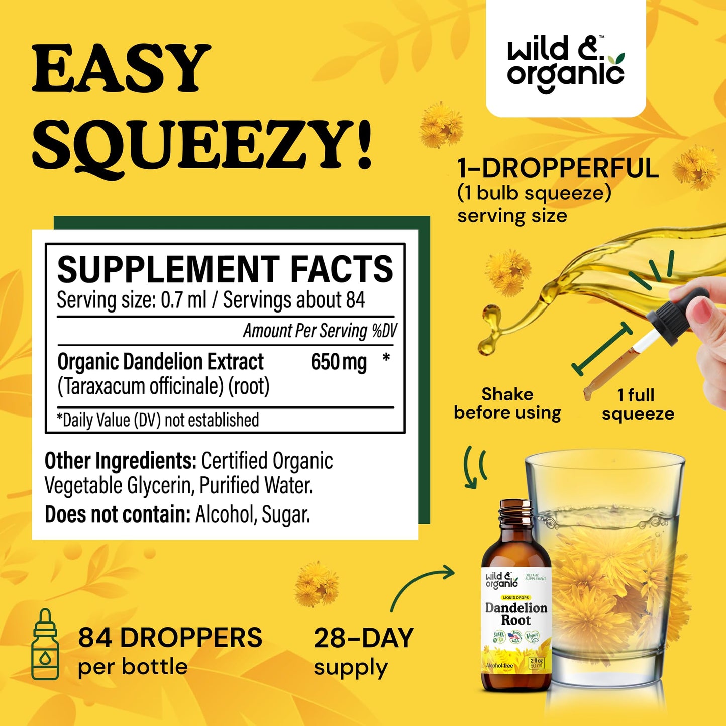 Wild & Organic Dandelion Root Extract Drops - Liver Cleanse Detox - Herbal Dandelion Tincture - Liver Support Supplement - Add to Tea - Vegan, Sugar & Alcohol-Free Liquid Drops - 4 fl oz