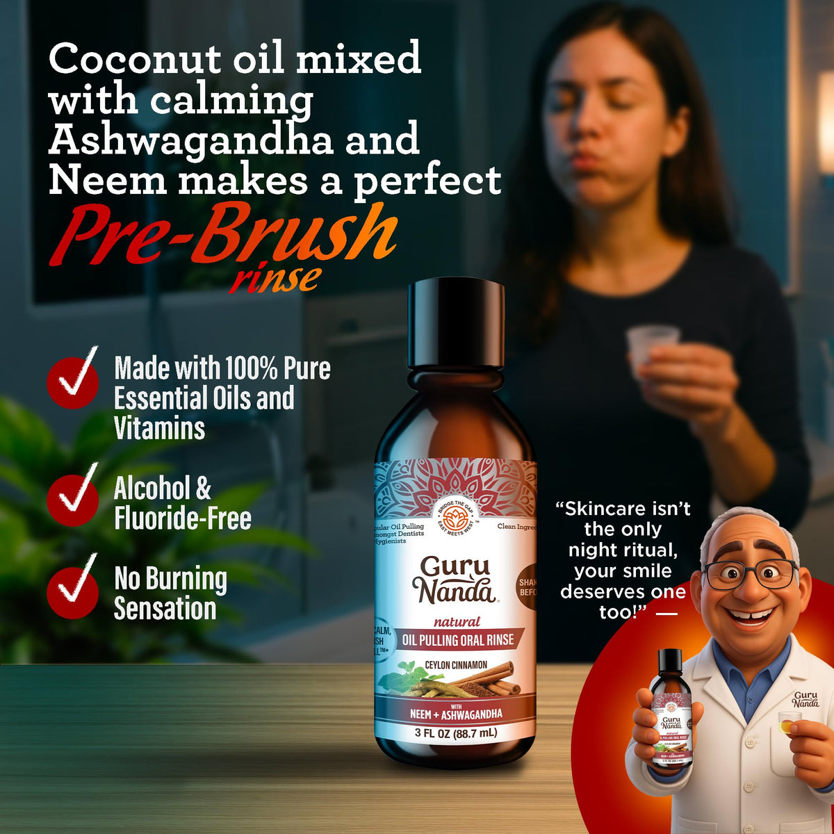 GuruNanda Cinnamon Oil Pulling Mouthwash with Neem & Ashwagandha, 16oz